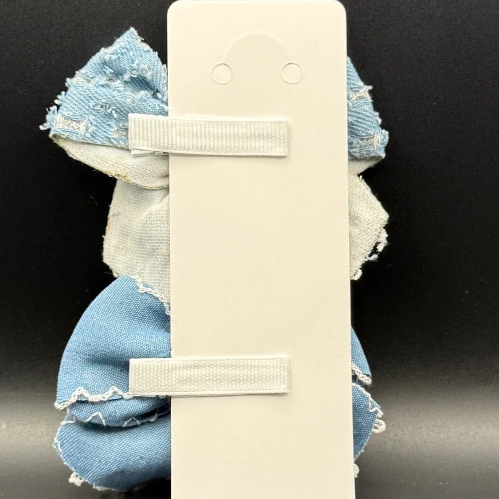 Girls Blue Denim Bow Hair Clip Set 2pc Sequin Floral Lace Distressed
